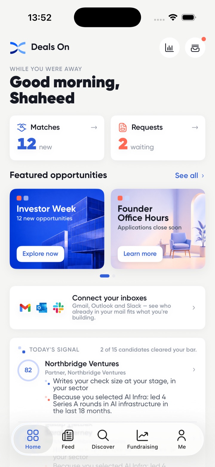 The Deals On home screen on iPhone: twelve new matches and two waiting requests, featured opportunities, and today’s signal showing two of fifteen candidates cleared your bar