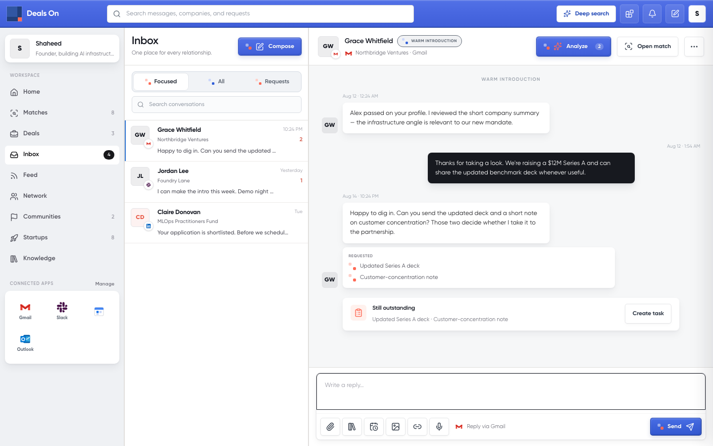 The Opportunity Inbox: a warm introduction from Northbridge Ventures with the requested deck and note still outstanding