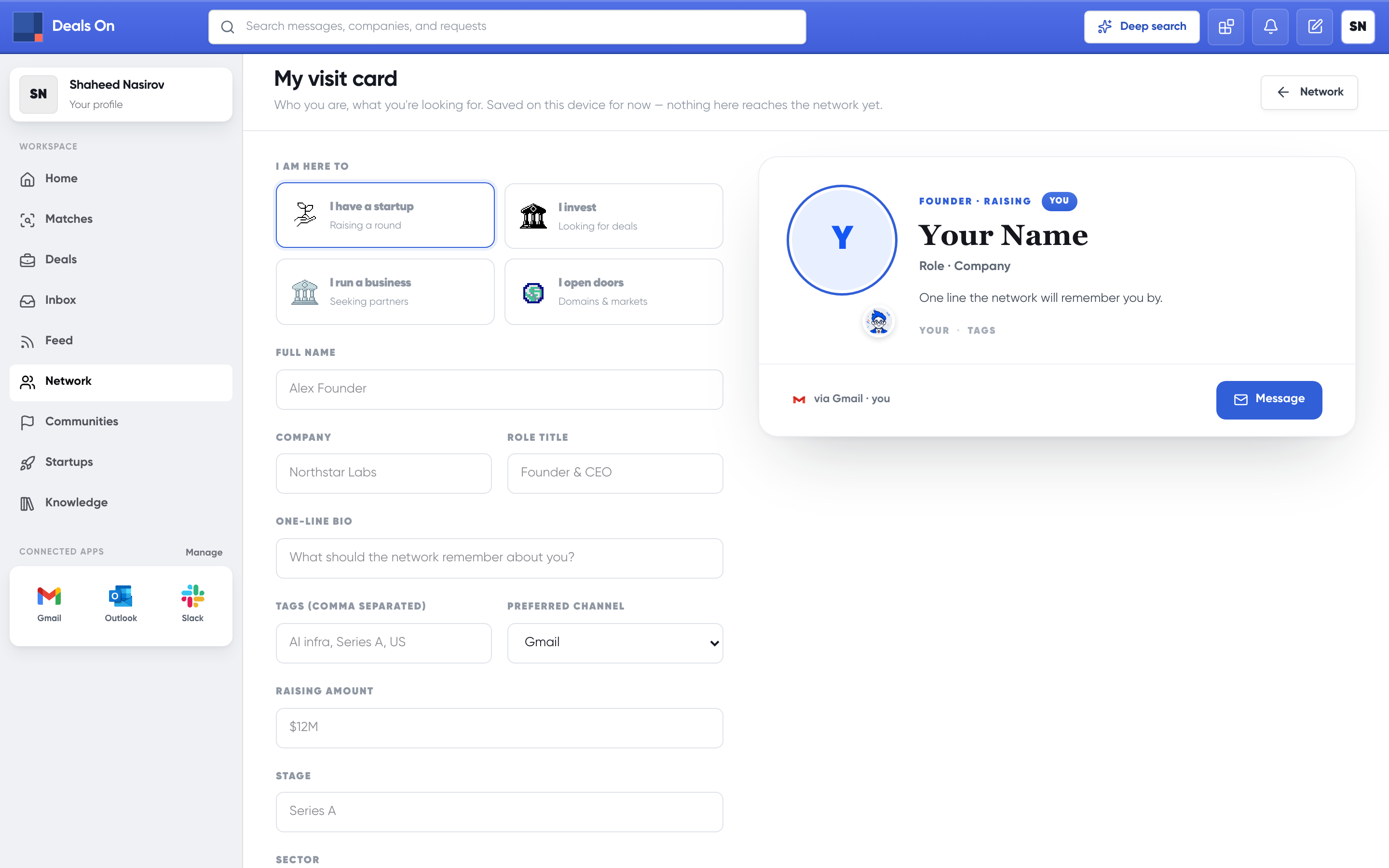A member’s public Deals On card — the page a stranger reaches before sending a request