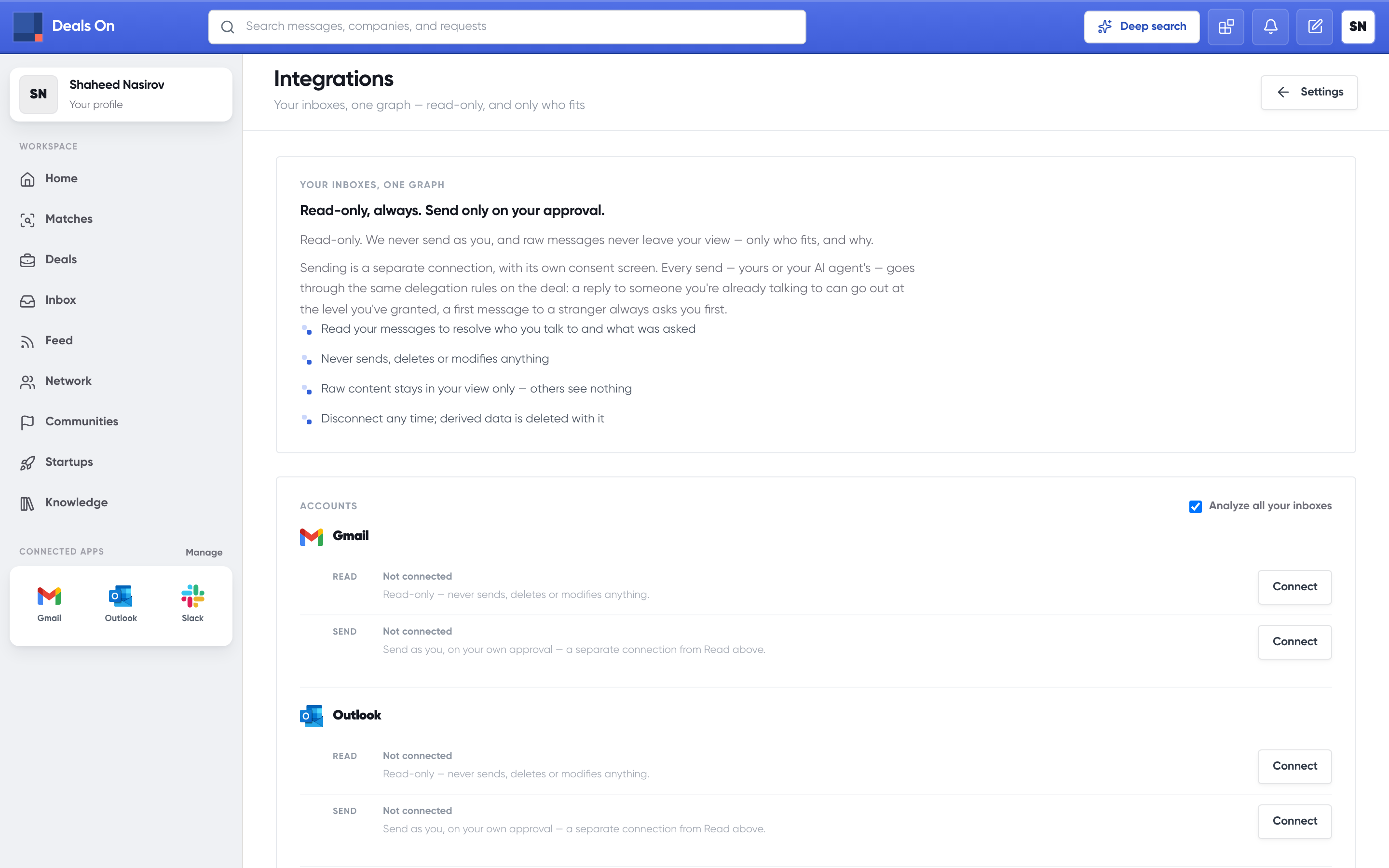 The integrations screen: read and send shown as separate connections, each with its own consent